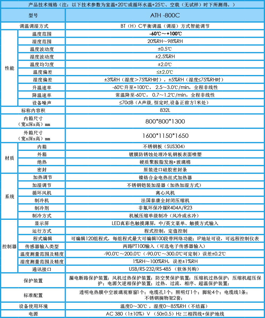 高低溫交變濕熱試驗箱 ATH-800C參數